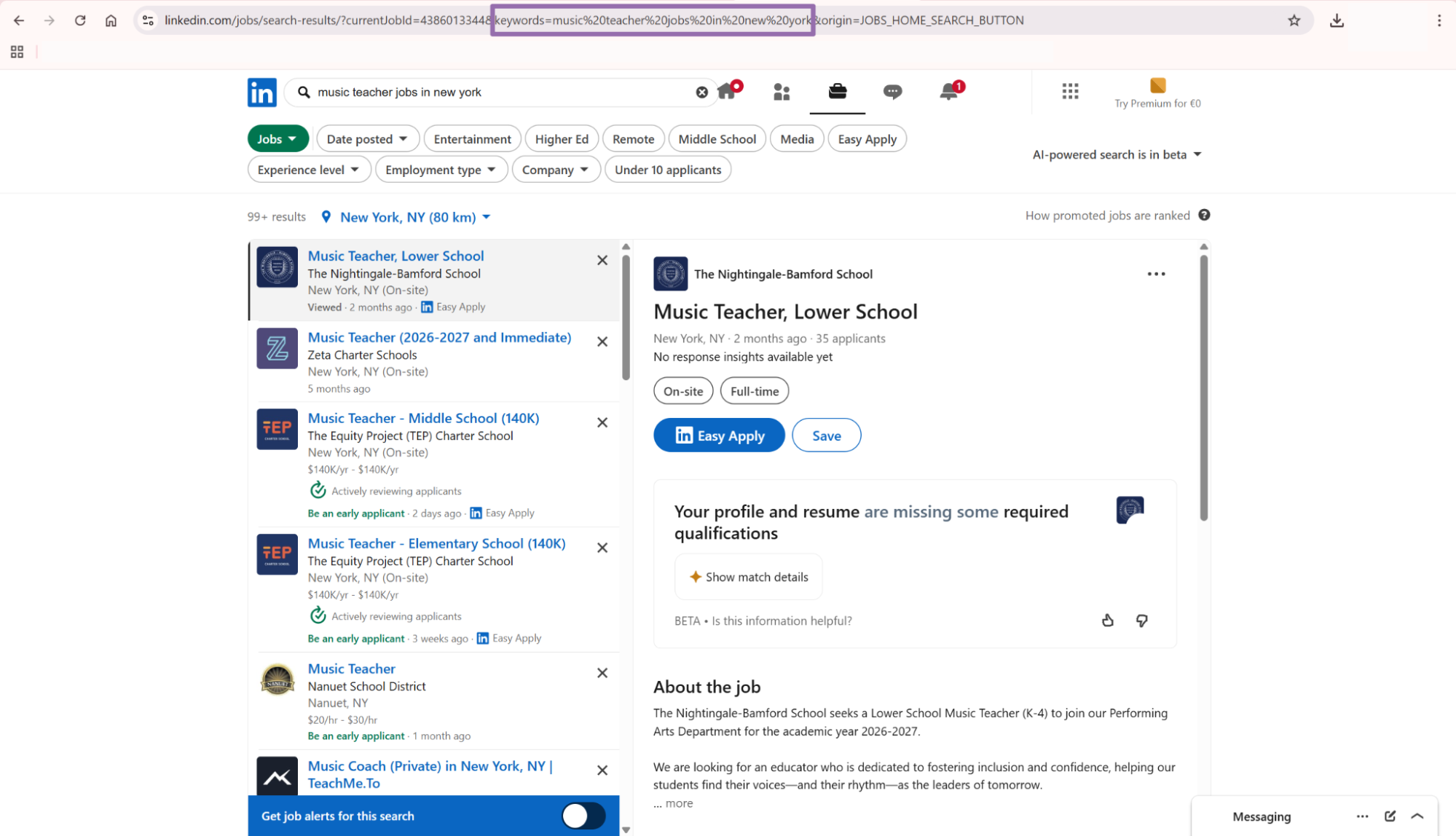 LinkedIn Jobs results with the search URL highlighted