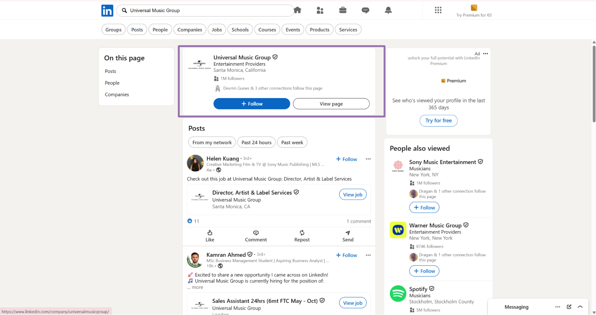 LinkedIn search results highlighting Universal Music Group company card