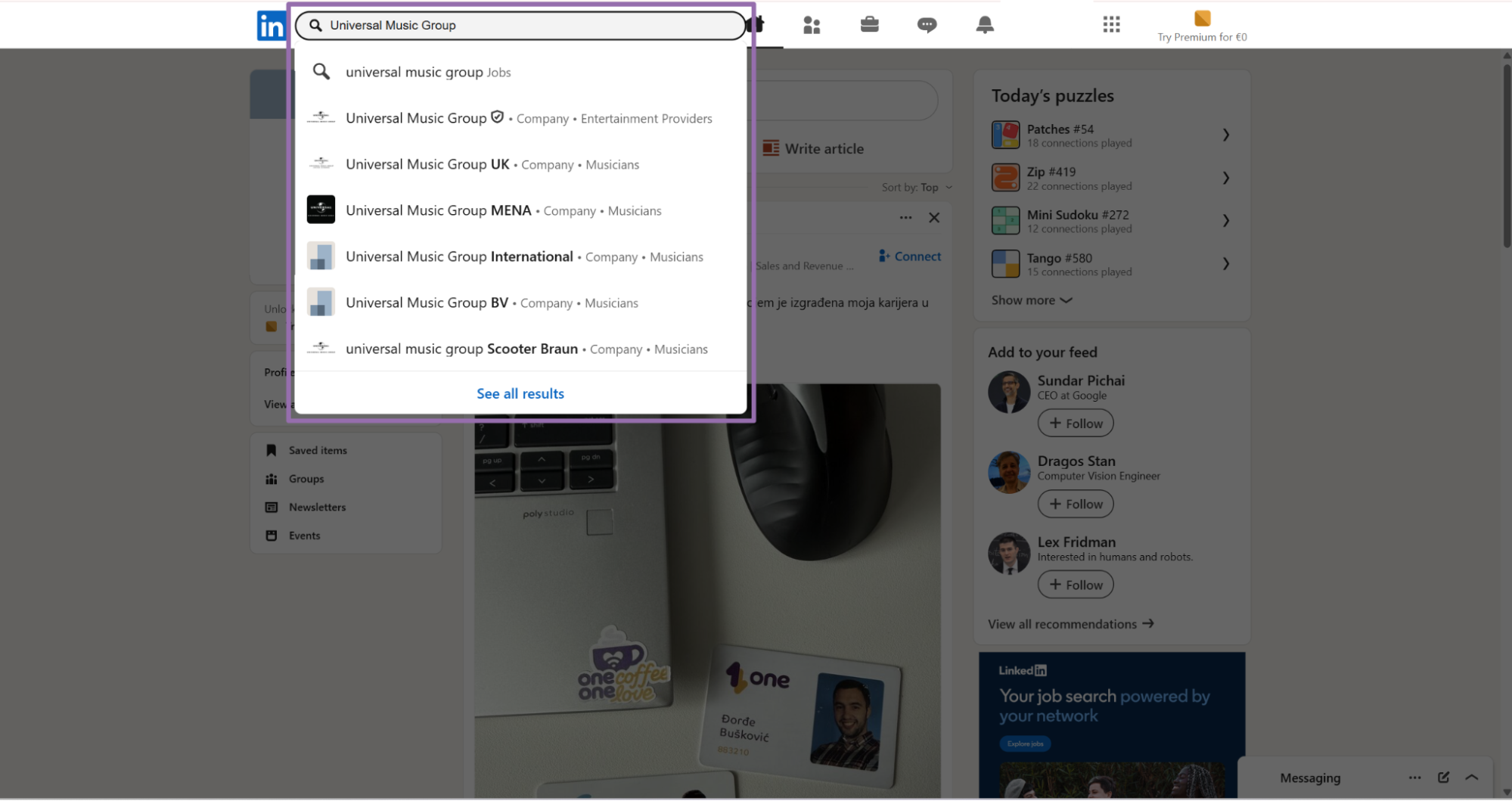 Searching Universal Music Group in the LinkedIn search bar