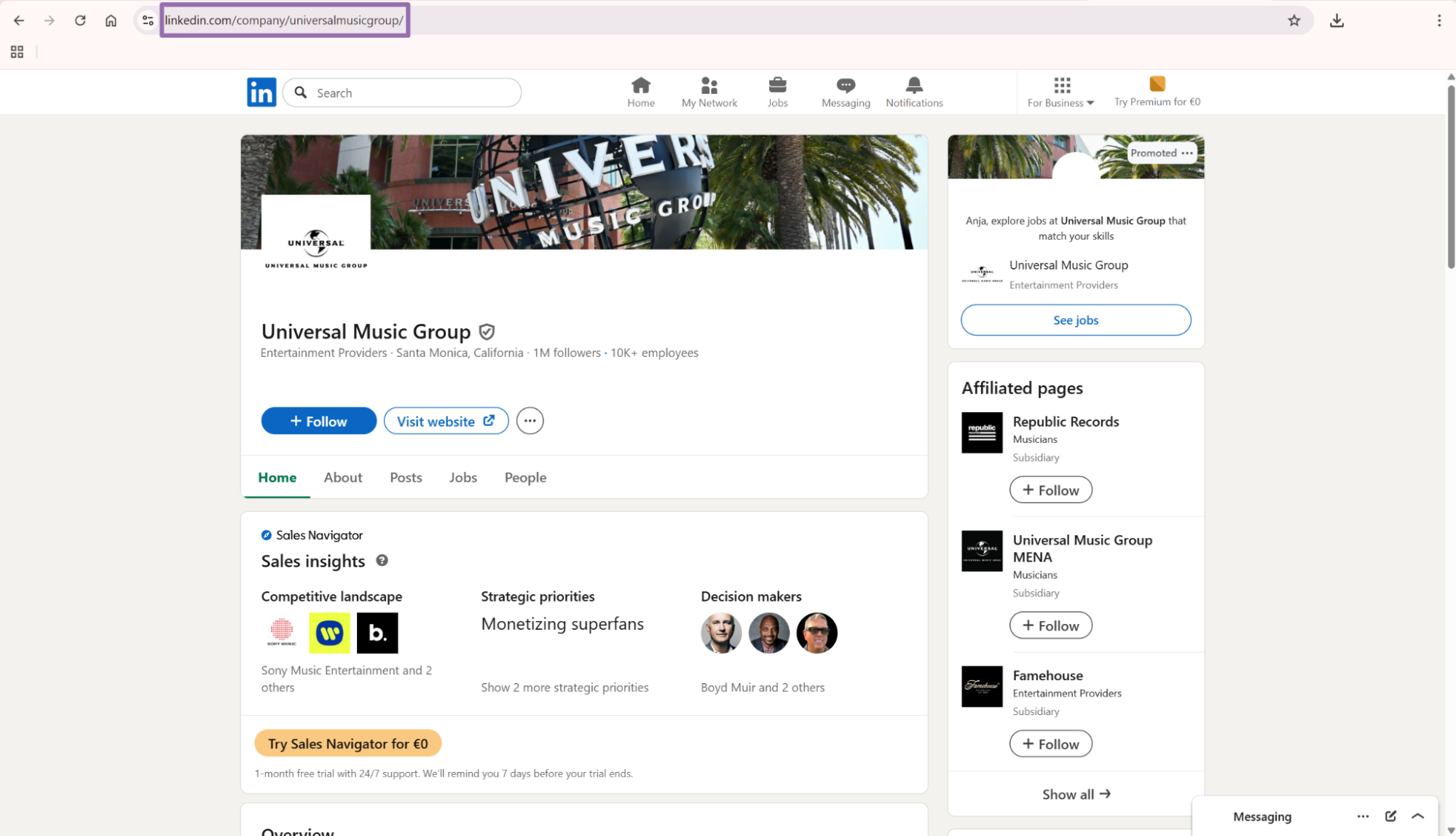 LinkedIn Universal Music Group company page URL shown in address bar