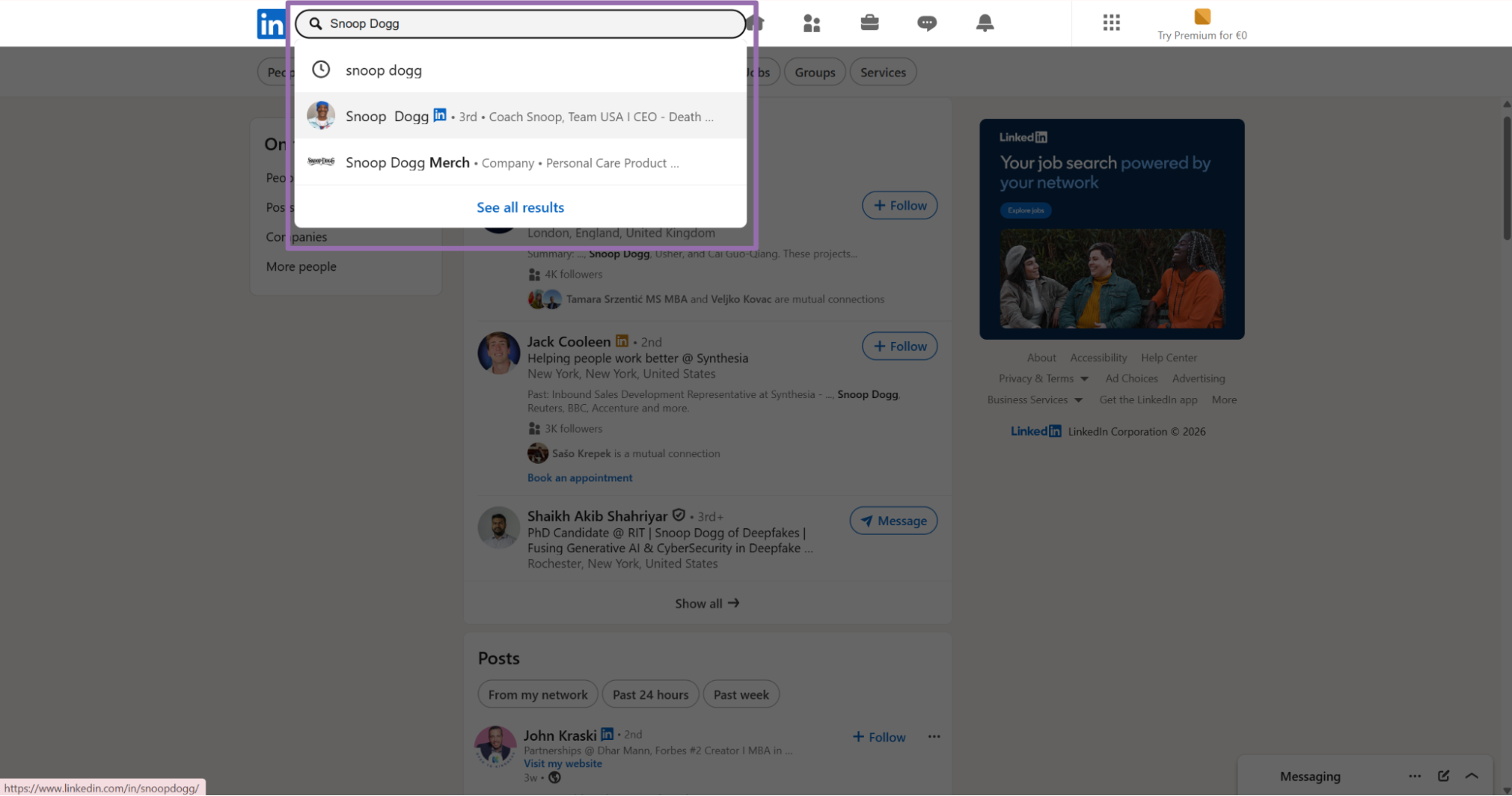 Typing Snoop Dogg into the LinkedIn search bar