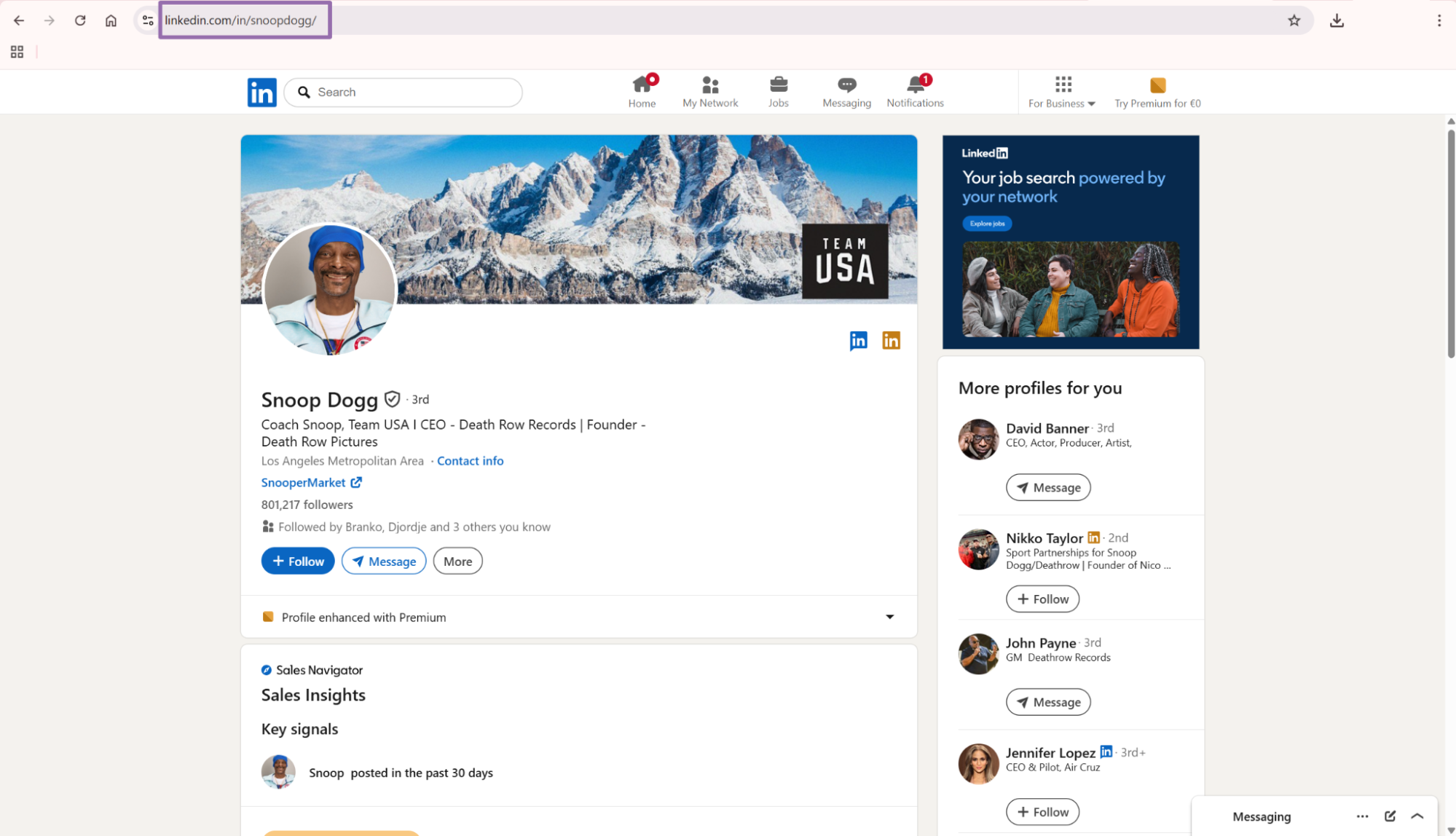 LinkedIn Snoop Dogg profile page showing Sales Navigator Key signals