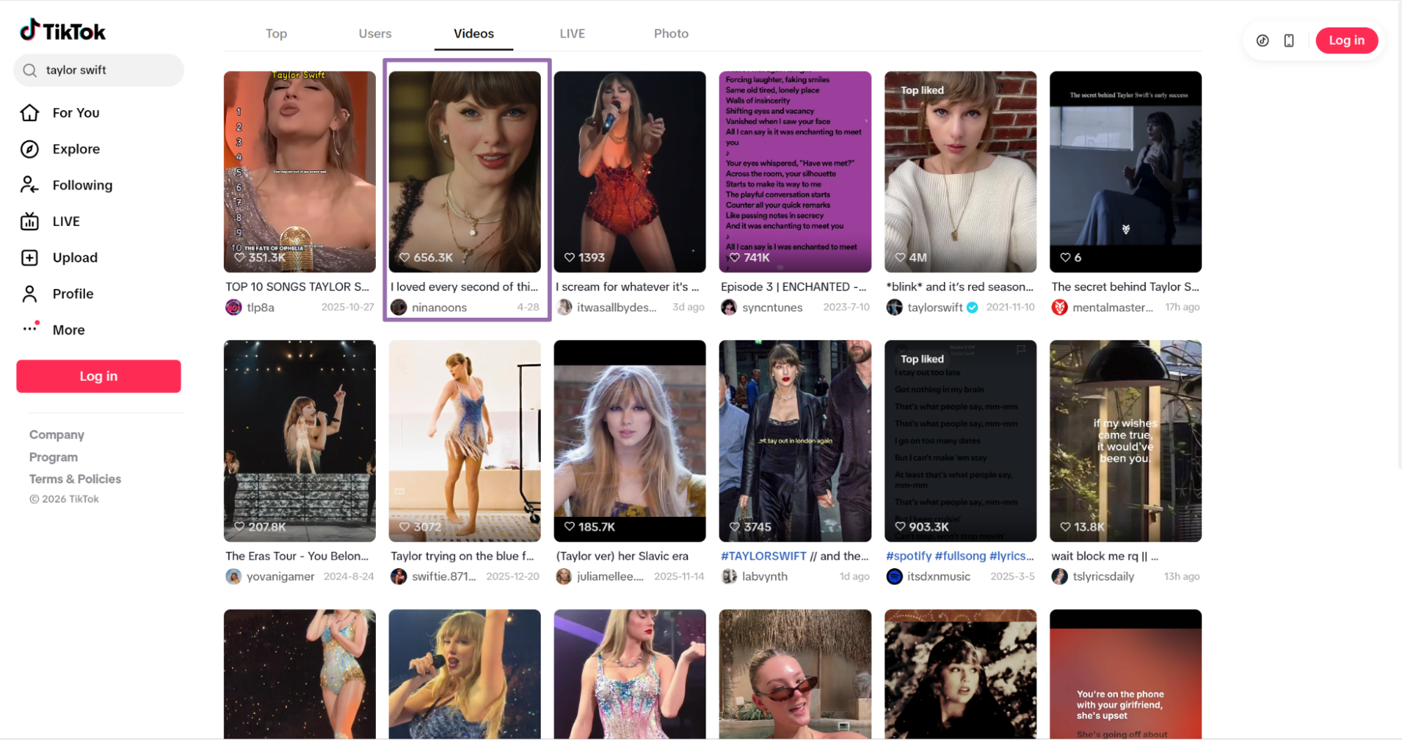 TikTok Videos tab showing Taylor Swift search result thumbnails grid