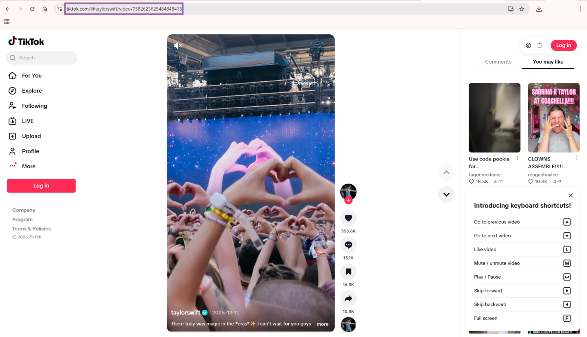 TikTok taylorswift concert video with URL highlighted in address bar