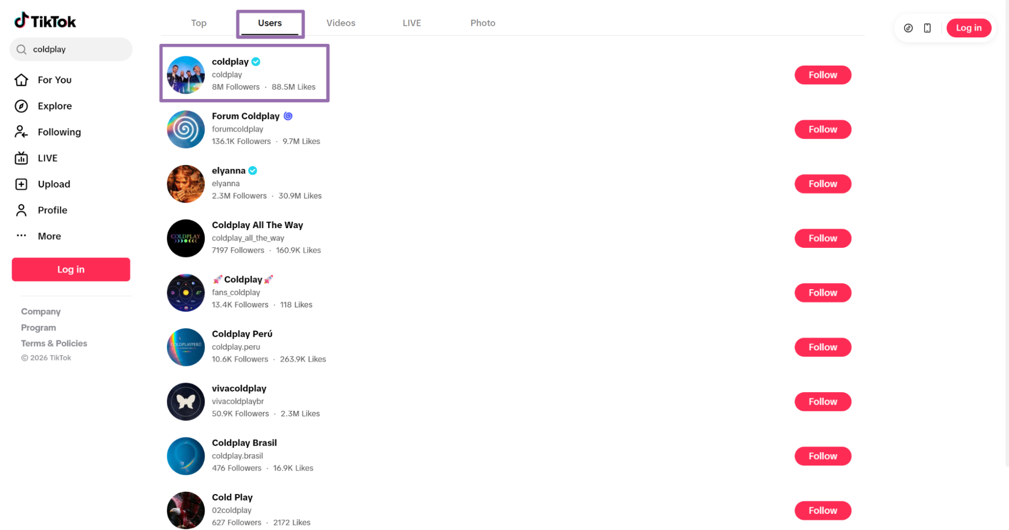 TikTok Users tab highlighting verified coldplay account with 8M followers