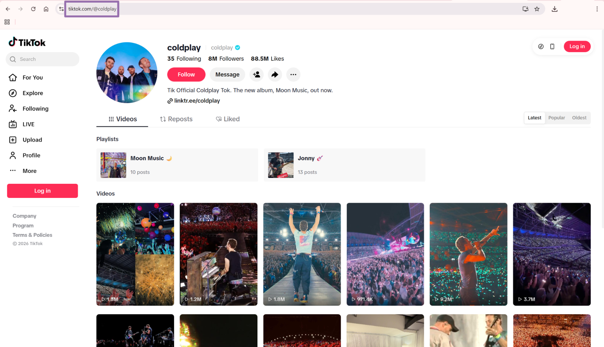 TikTok coldplay profile page with profile URL in address bar
