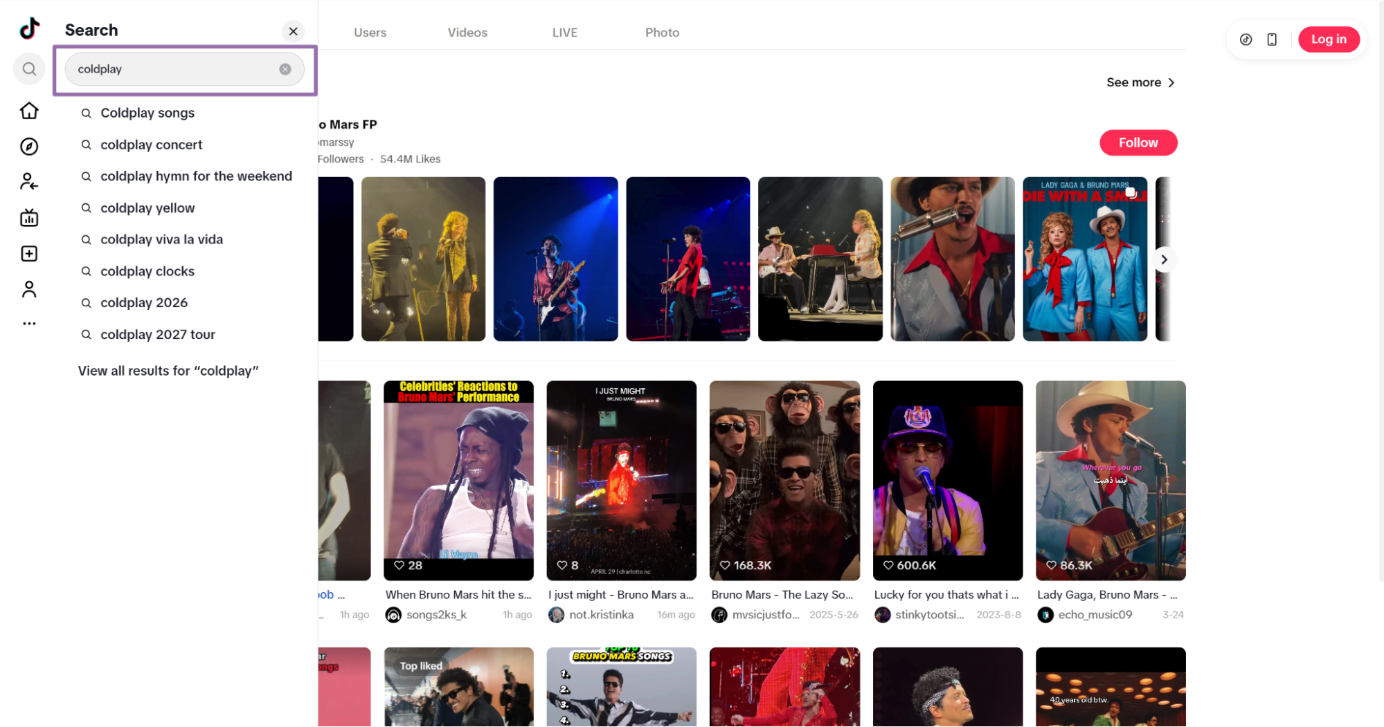 TikTok search autocomplete listing coldplay keyword suggestions before searching