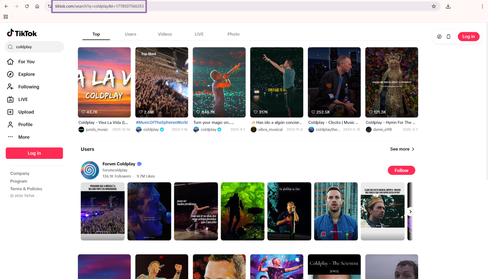 TikTok coldplay Top search results with videos and Users section