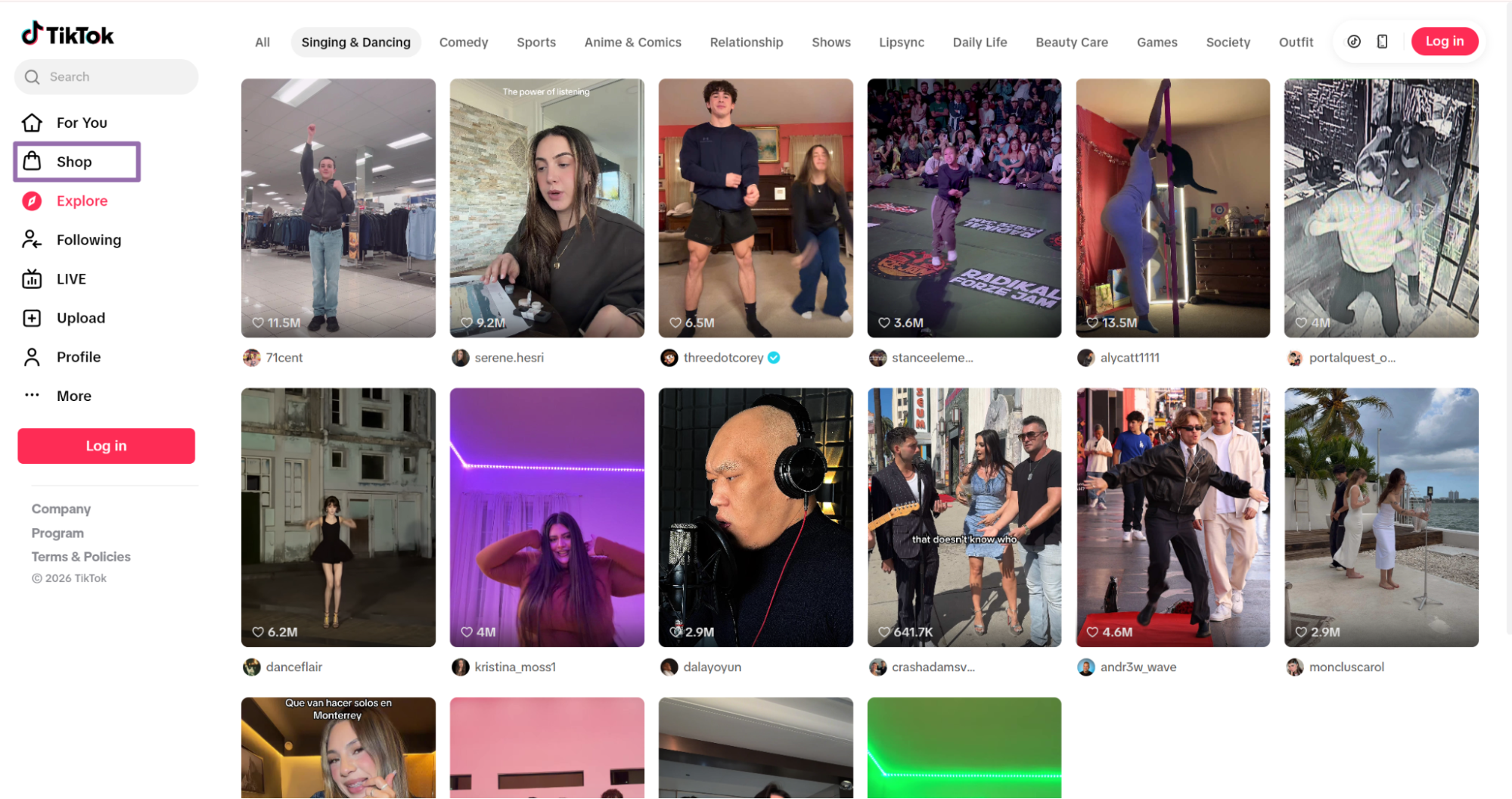 TikTok Explore sidebar with Shop selected to browse categories