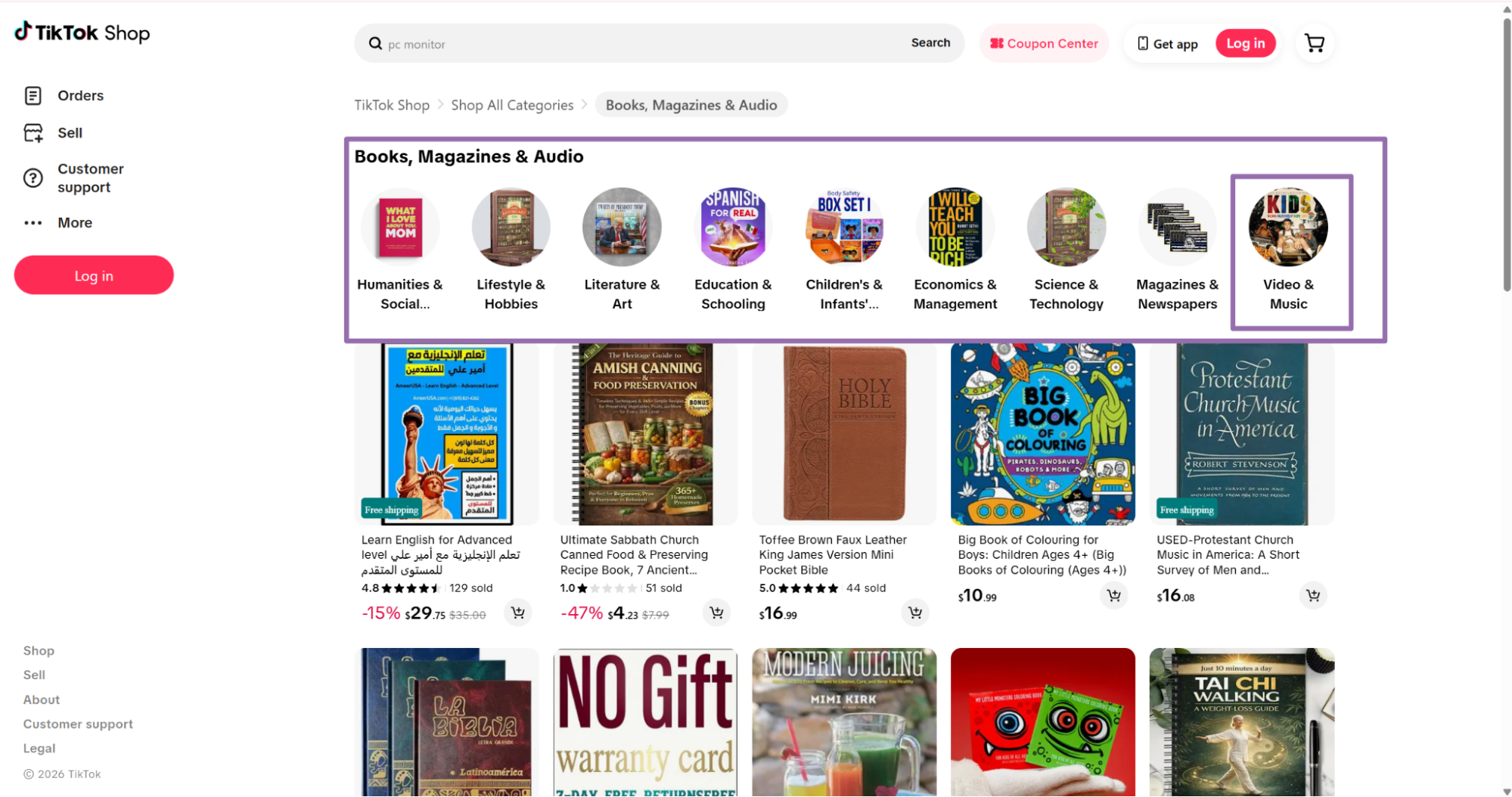 TikTok Shop Books Magazines Audio subcategories with Video Music highlighted