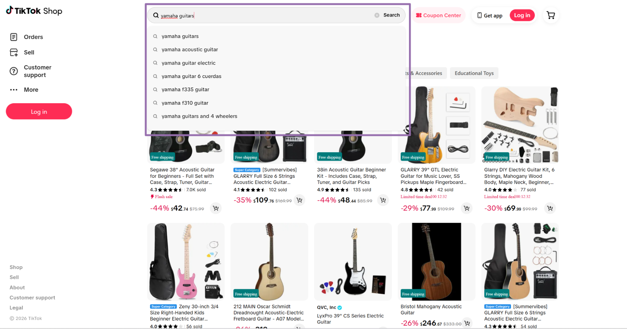 TikTok Shop search bar typing yamaha guitar with suggestions