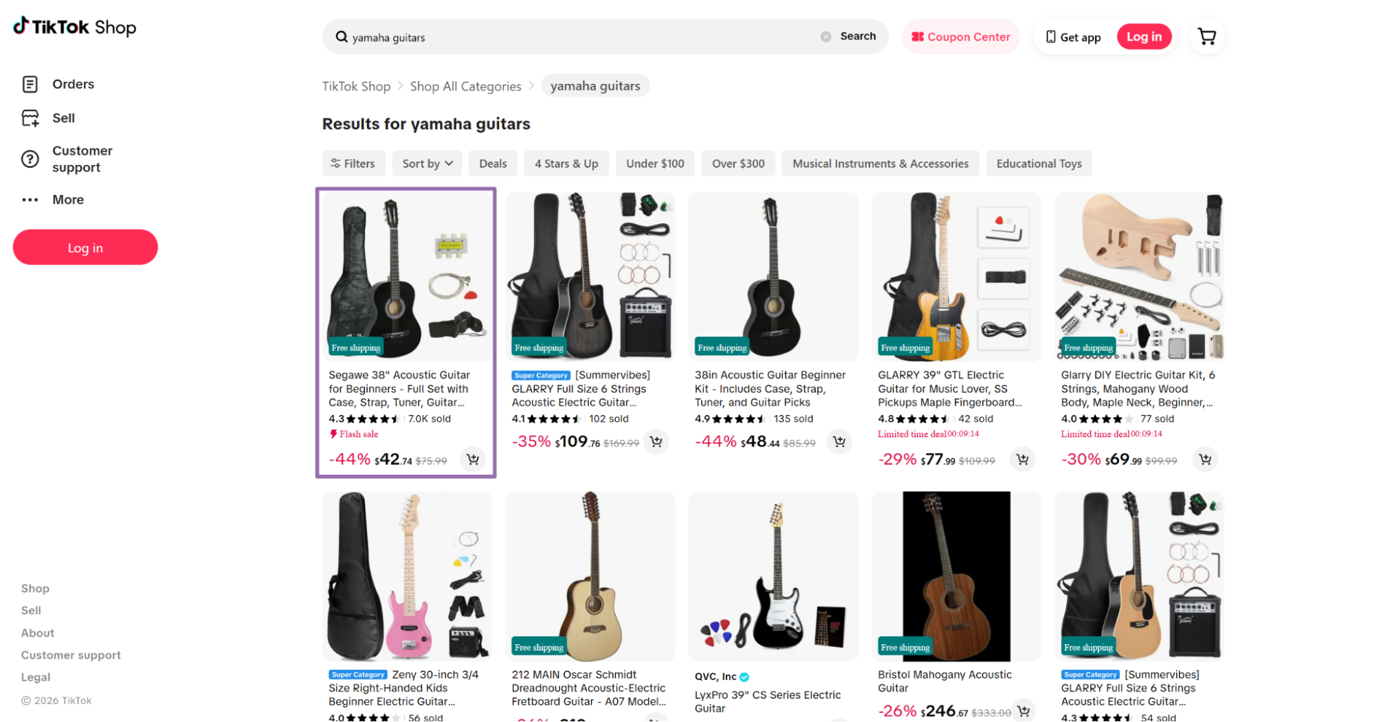 TikTok Shop yamaha guitars search results listing acoustic guitars