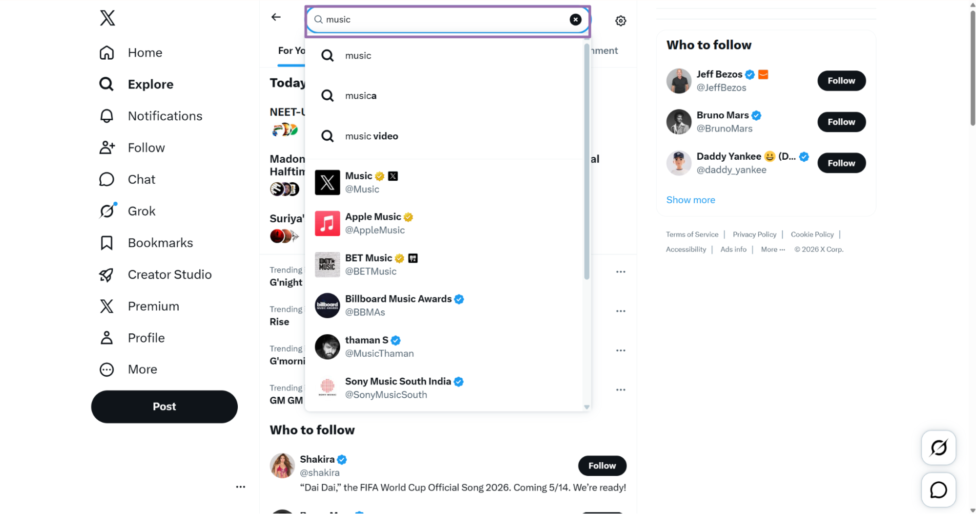 X search dropdown suggesting music, Apple Music and BET Music