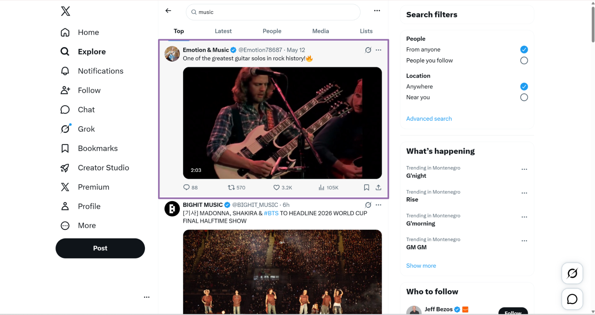 X search results highlighting Emotion and Music guitar solo post