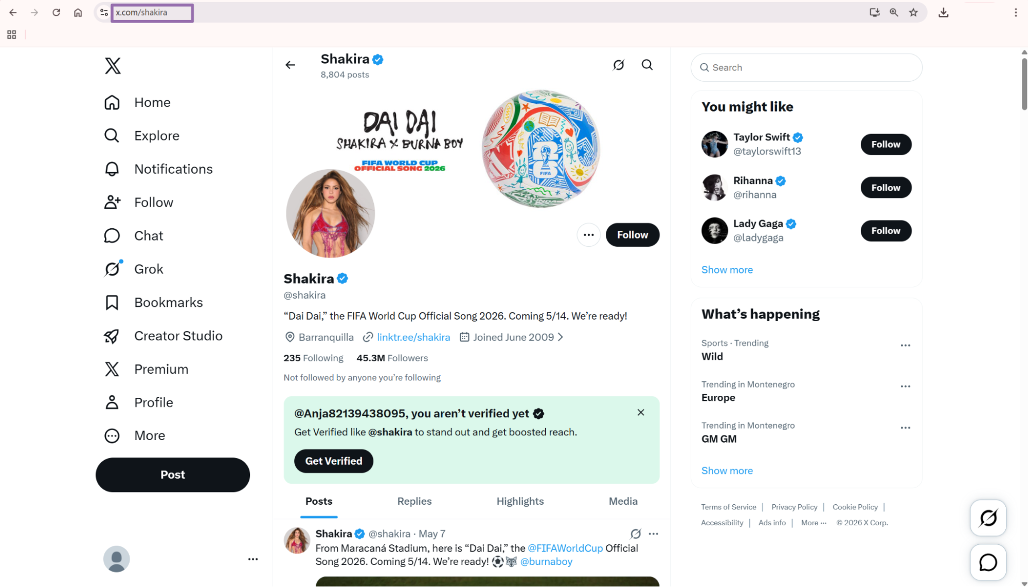 X Shakira profile page with profile URL highlighted in address bar