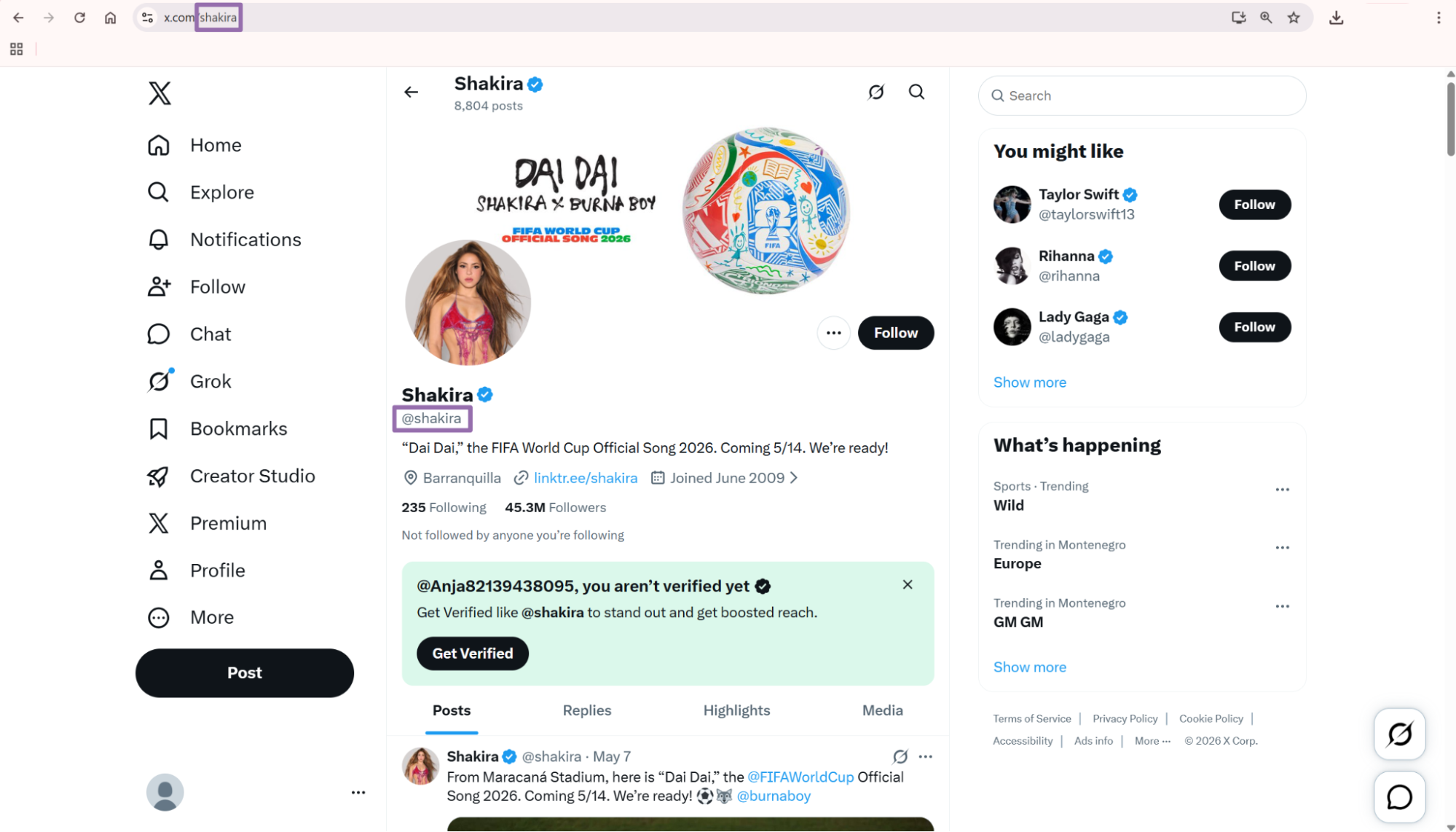 X Shakira profile showing @shakira username and follower counts