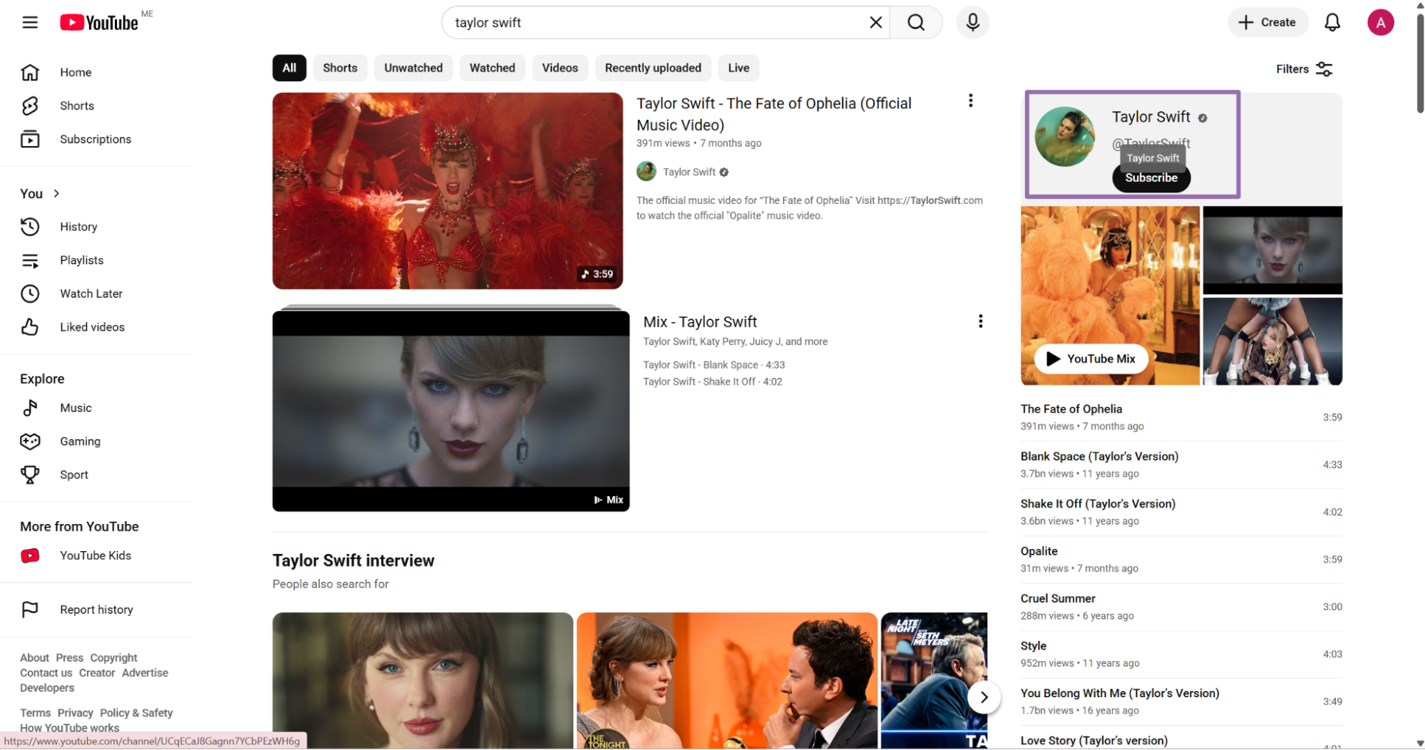 YouTube Taylor Swift video results with channel Subscribe card highlighted