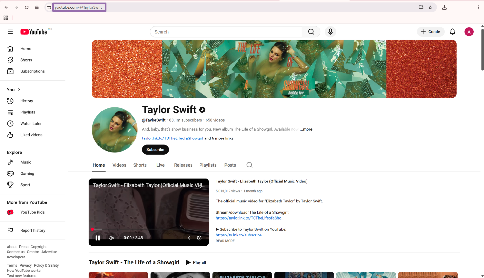 YouTube Taylor Swift channel page with channel URL highlighted