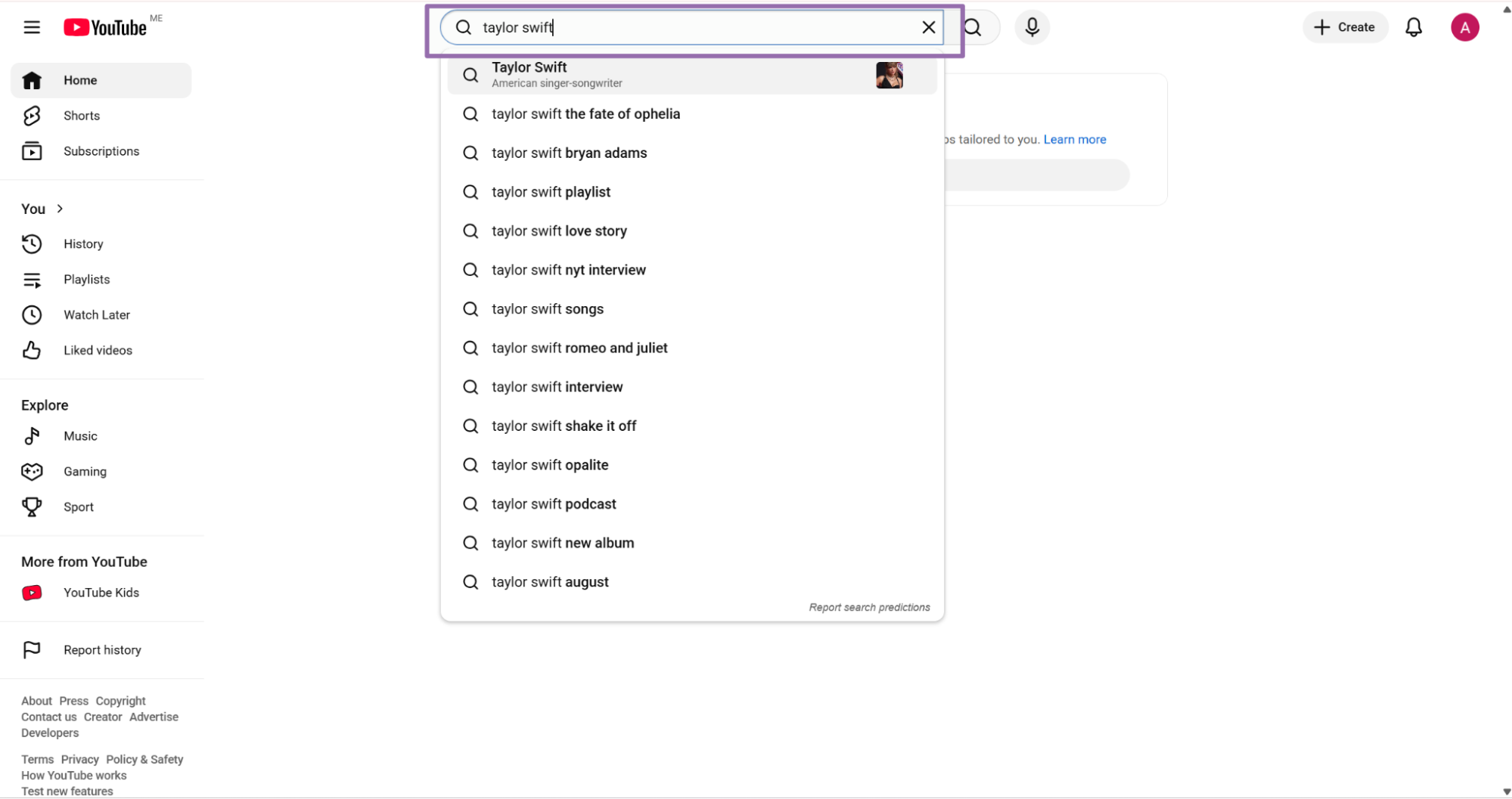 Searching Taylor Swift in the YouTube search bar