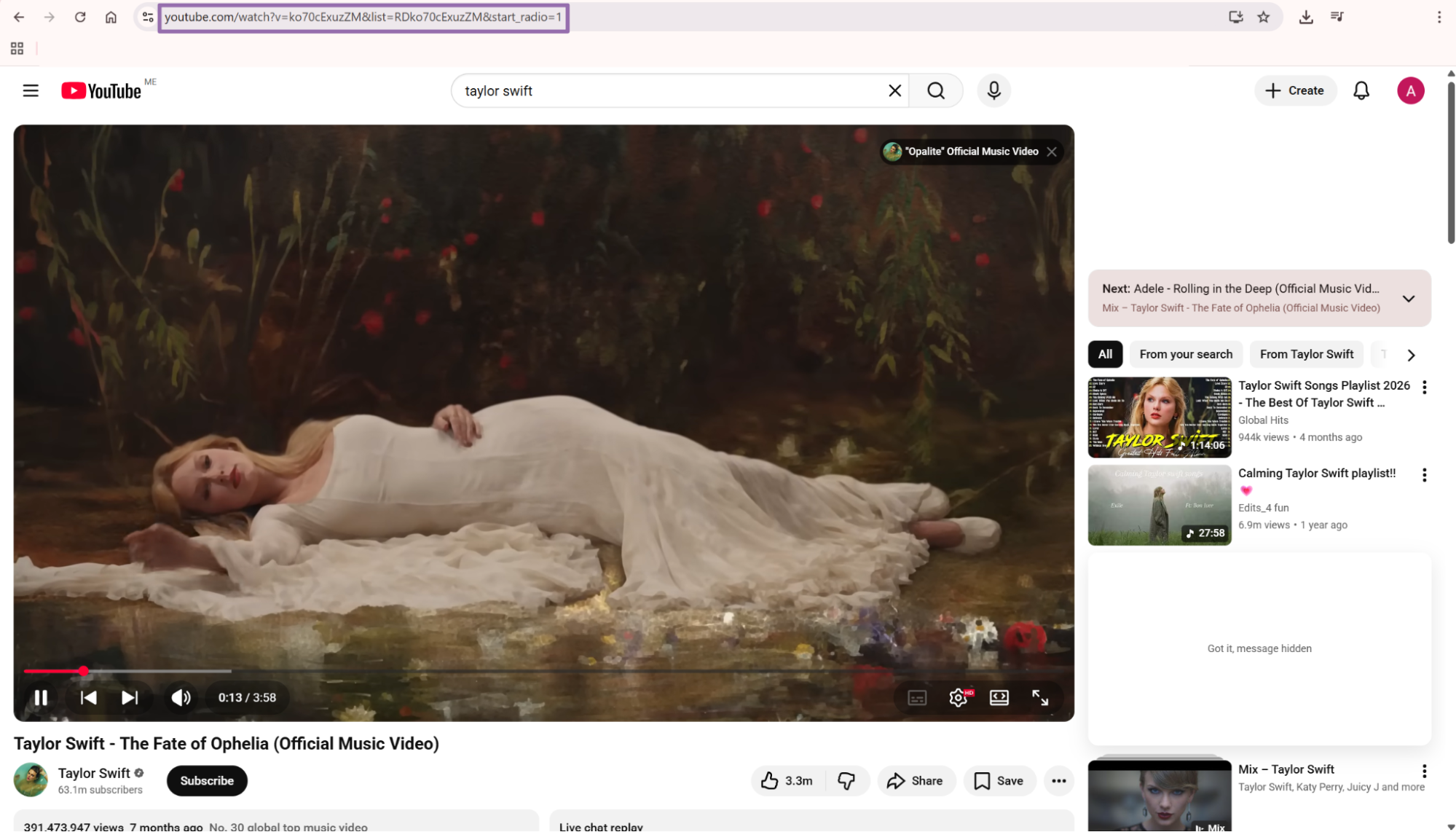YouTube video watch page with the URL highlighted