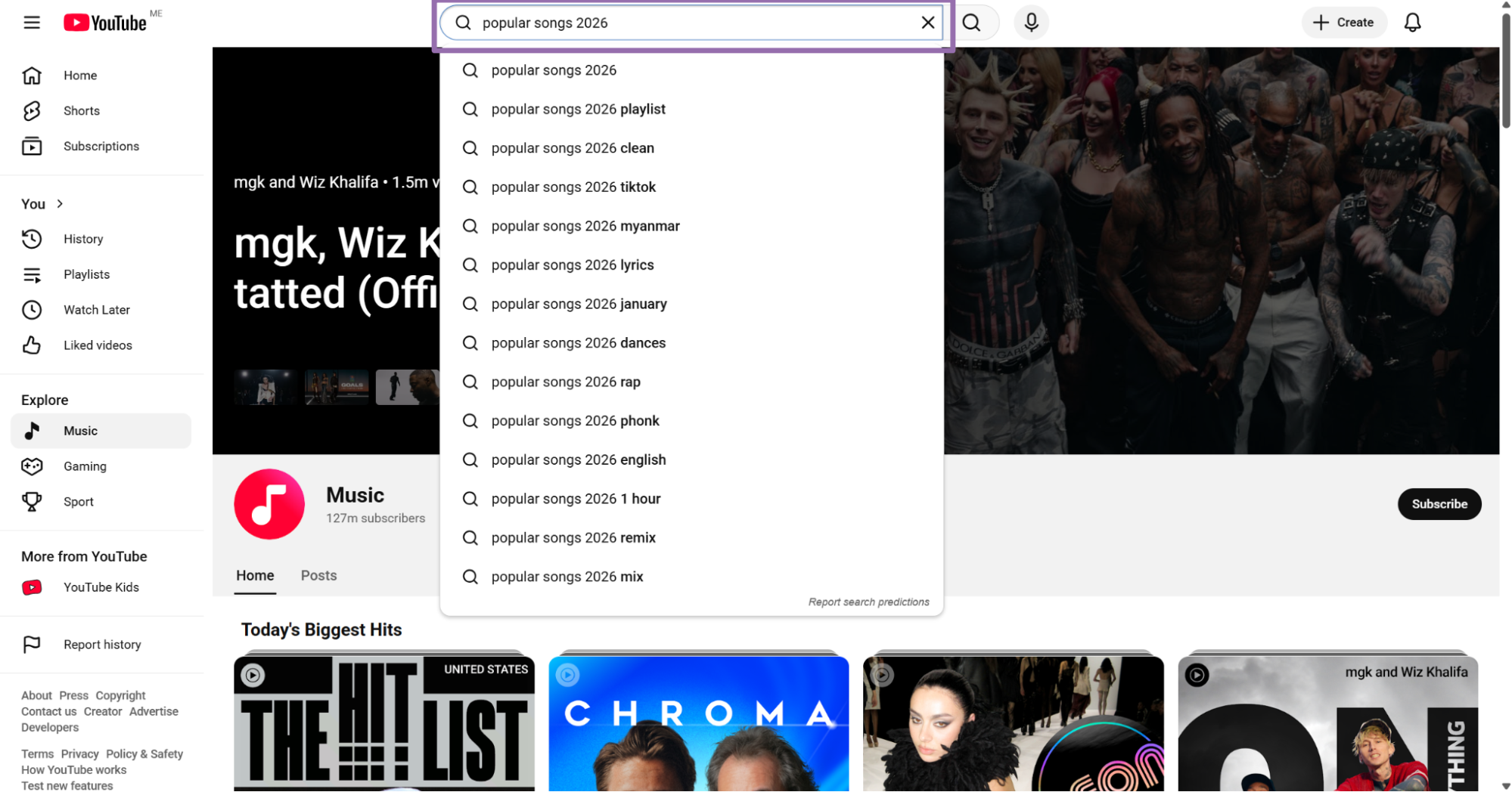 Searching popular songs 2026 on YouTube