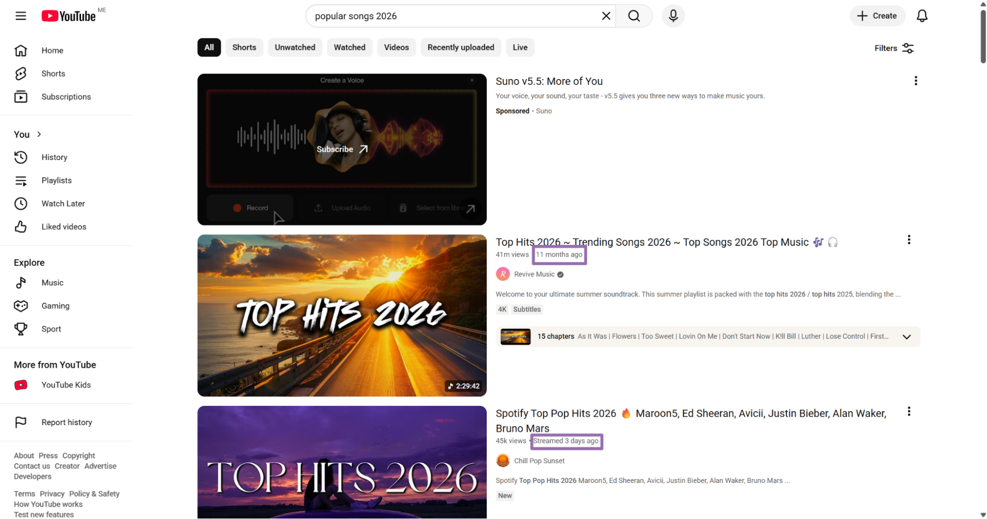YouTube results page for popular songs 2026