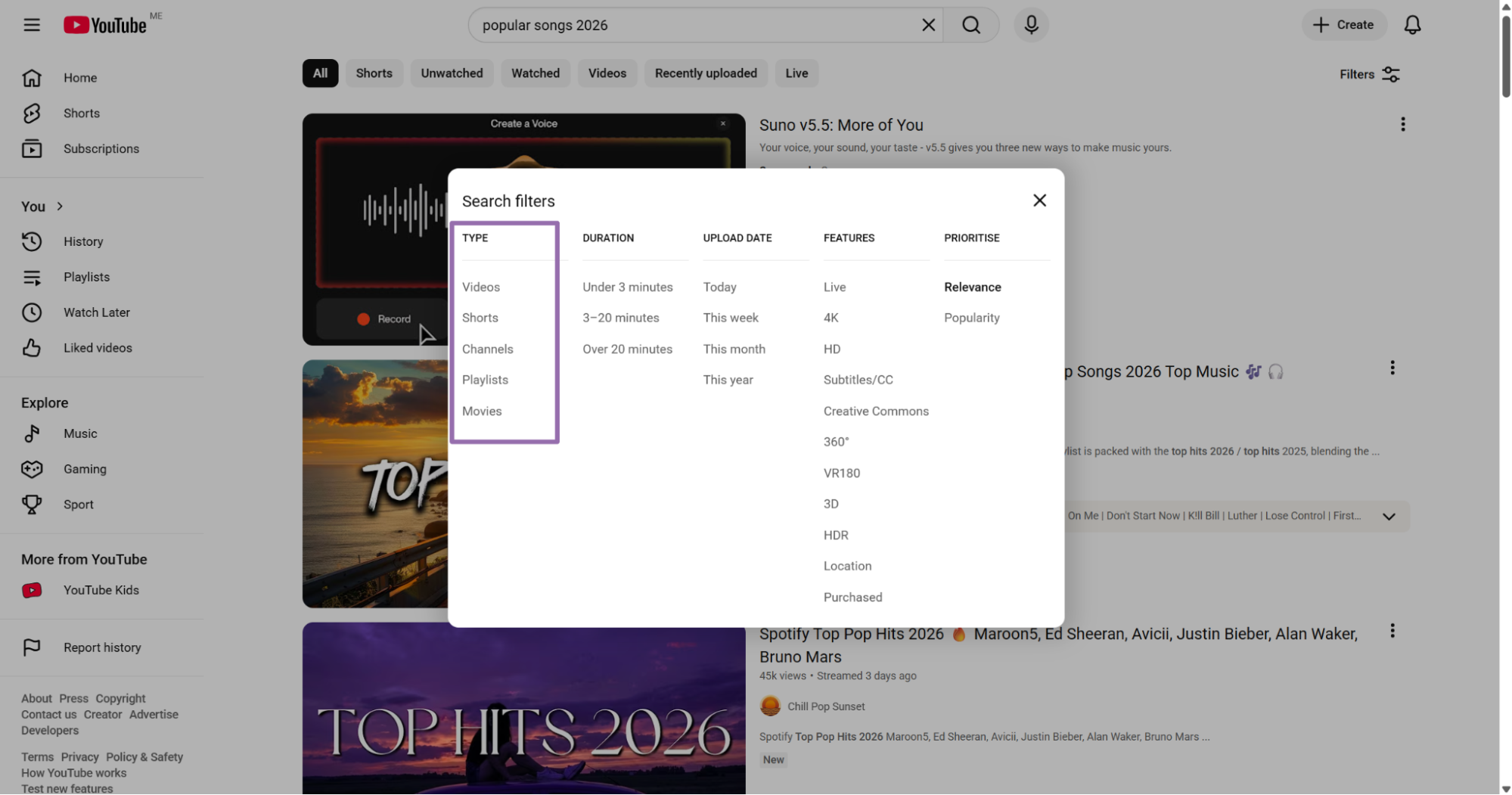 YouTube search filters dialog with type options