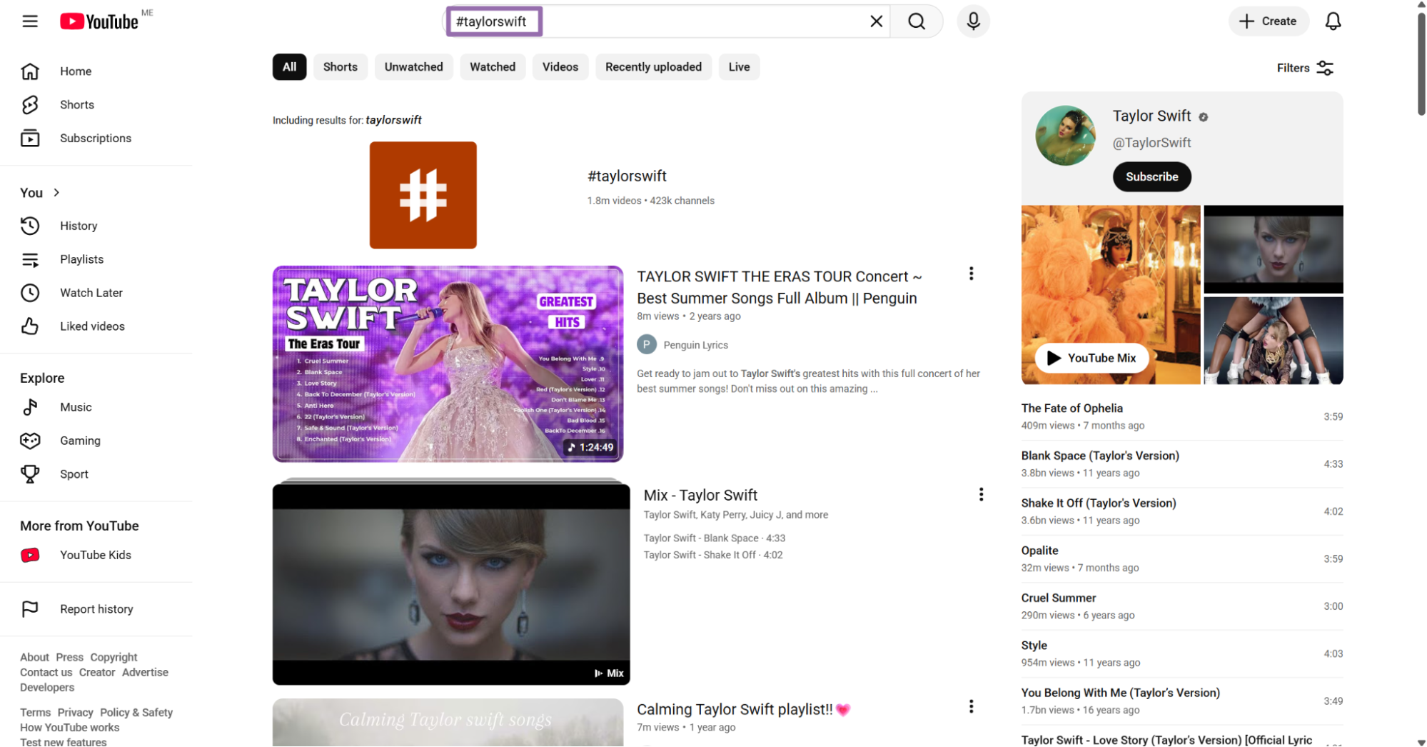 YouTube hashtag results page for taylorswift