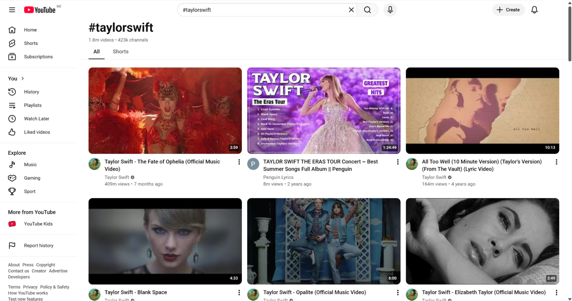 Grid of videos on the YouTube taylorswift hashtag page