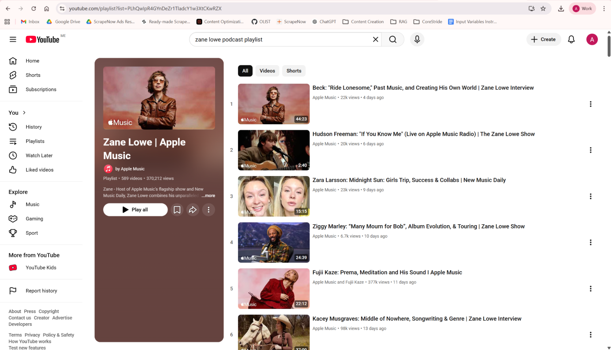 Zane Lowe podcast playlist page on YouTube