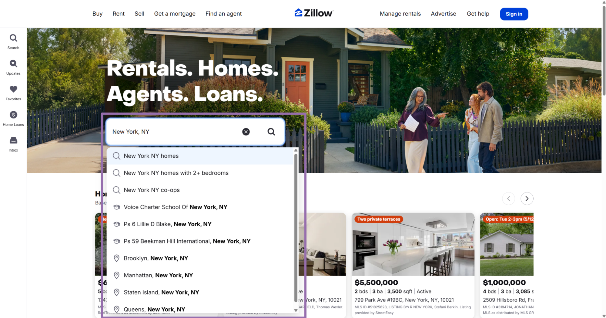 Zillow homepage entering New York, NY homes in location search box