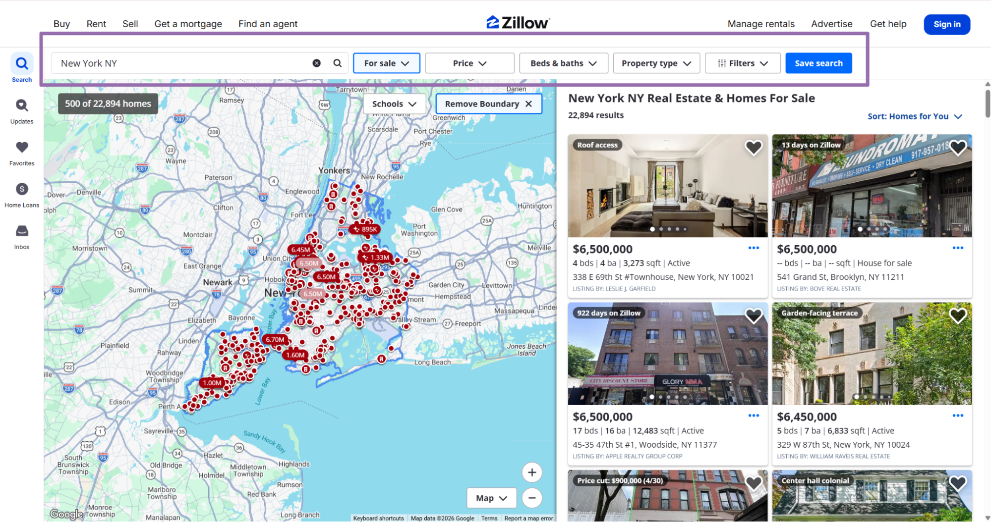 Zillow New York NY homes for sale results page with filter dropdowns