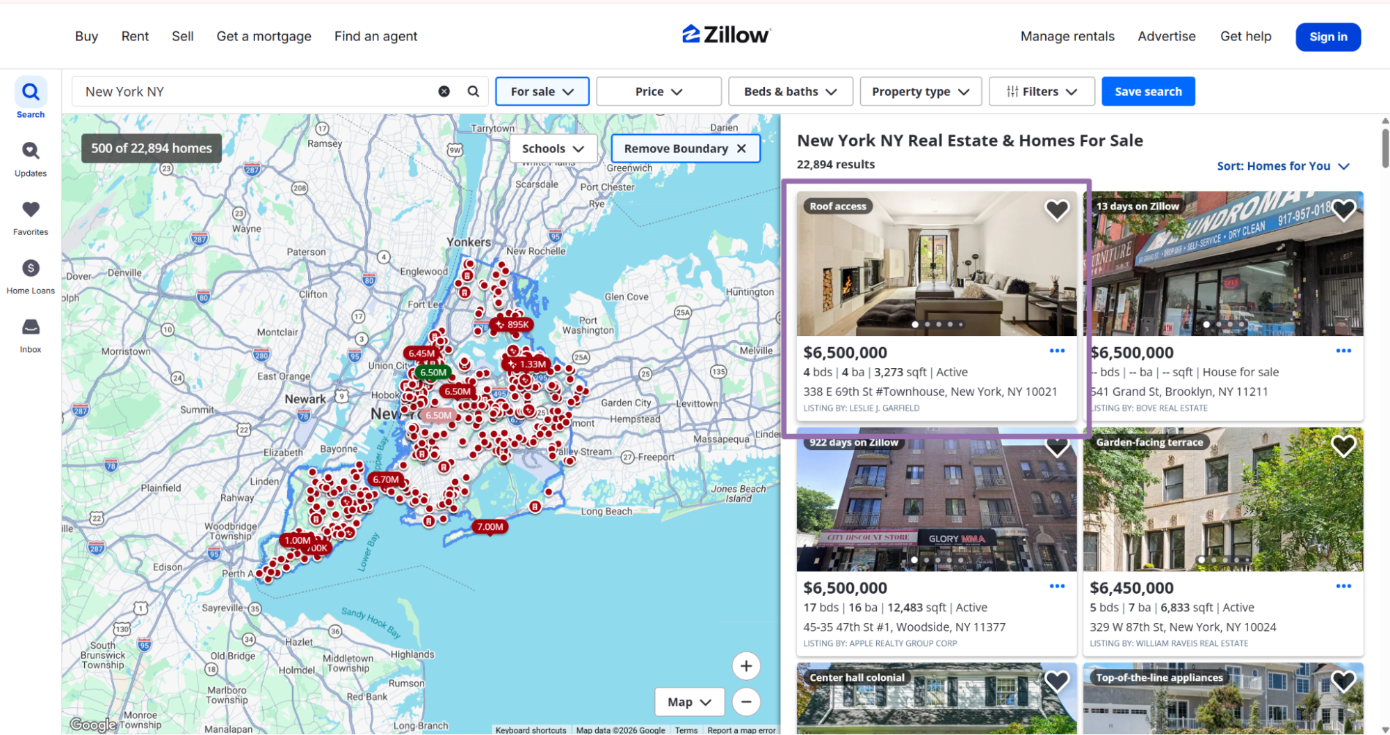 Zillow New York NY search results map with listing cards panel