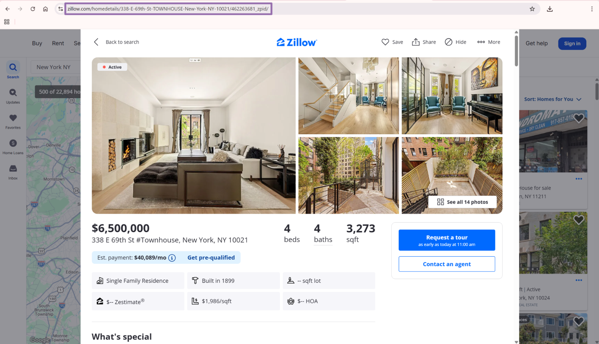 Zillow 338 E 69th St townhouse listing URL highlighted