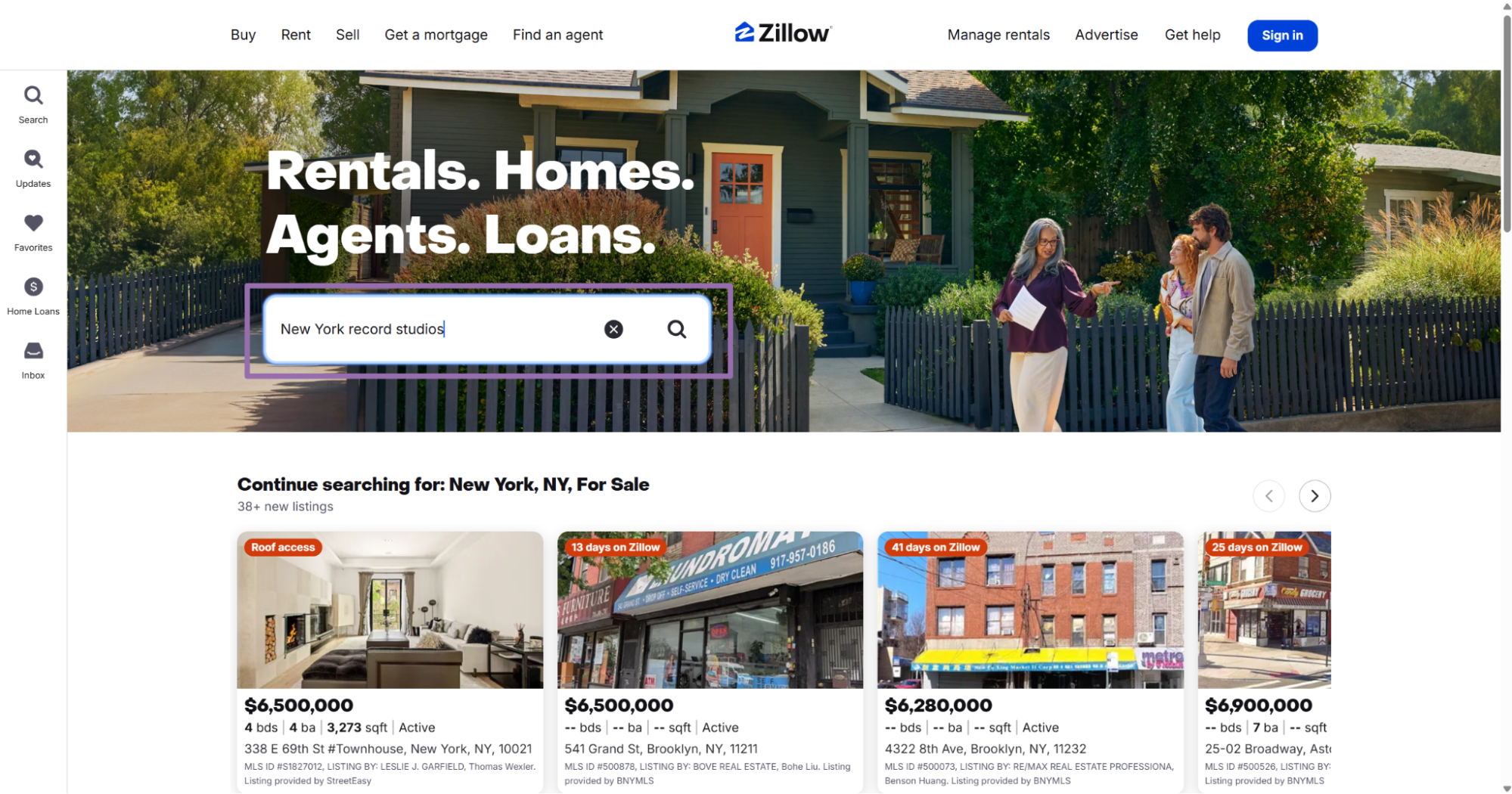Zillow homepage search box with New York record studios typed