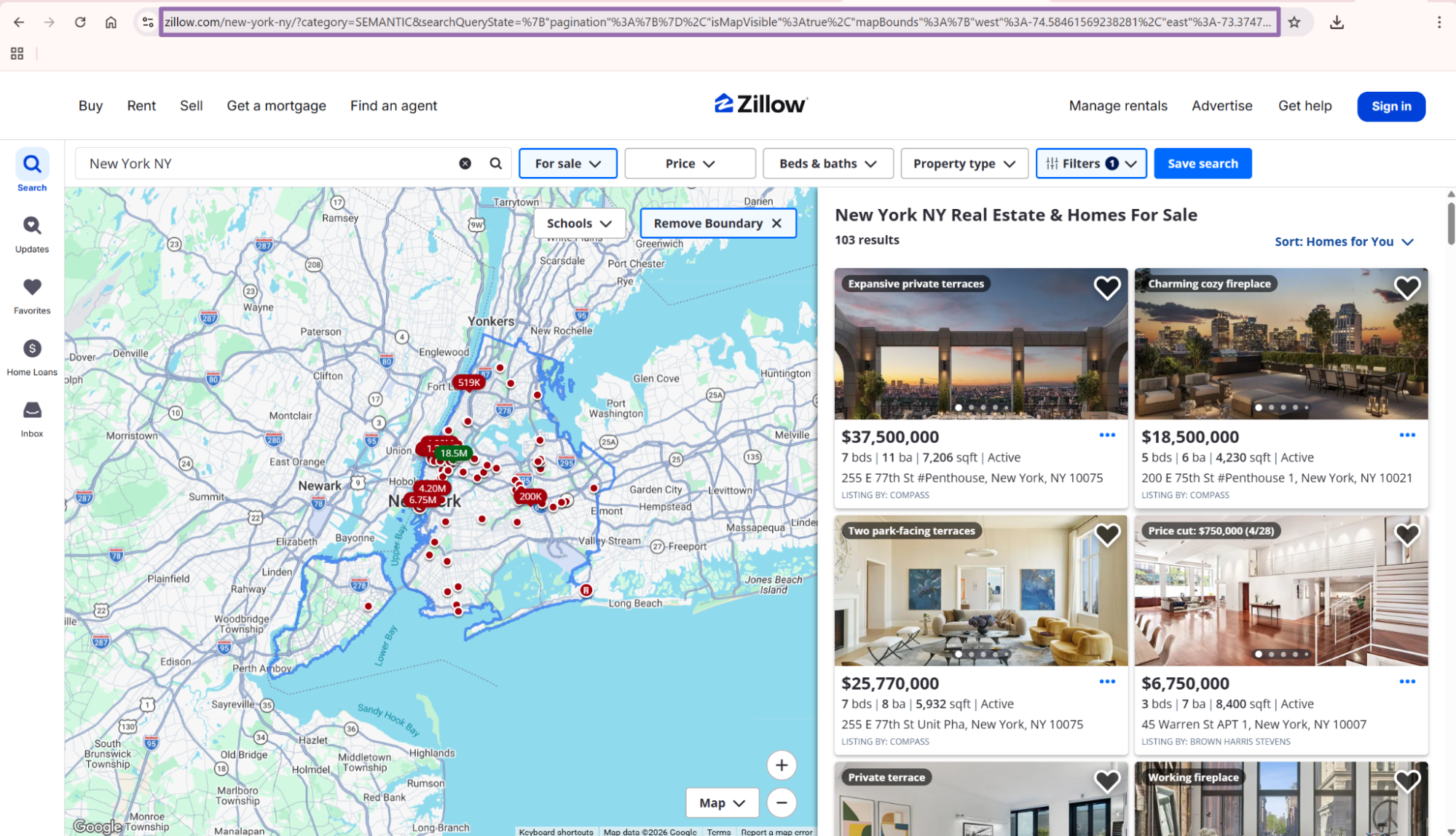 Zillow New York filtered to 193 luxury homes with URL highlighted